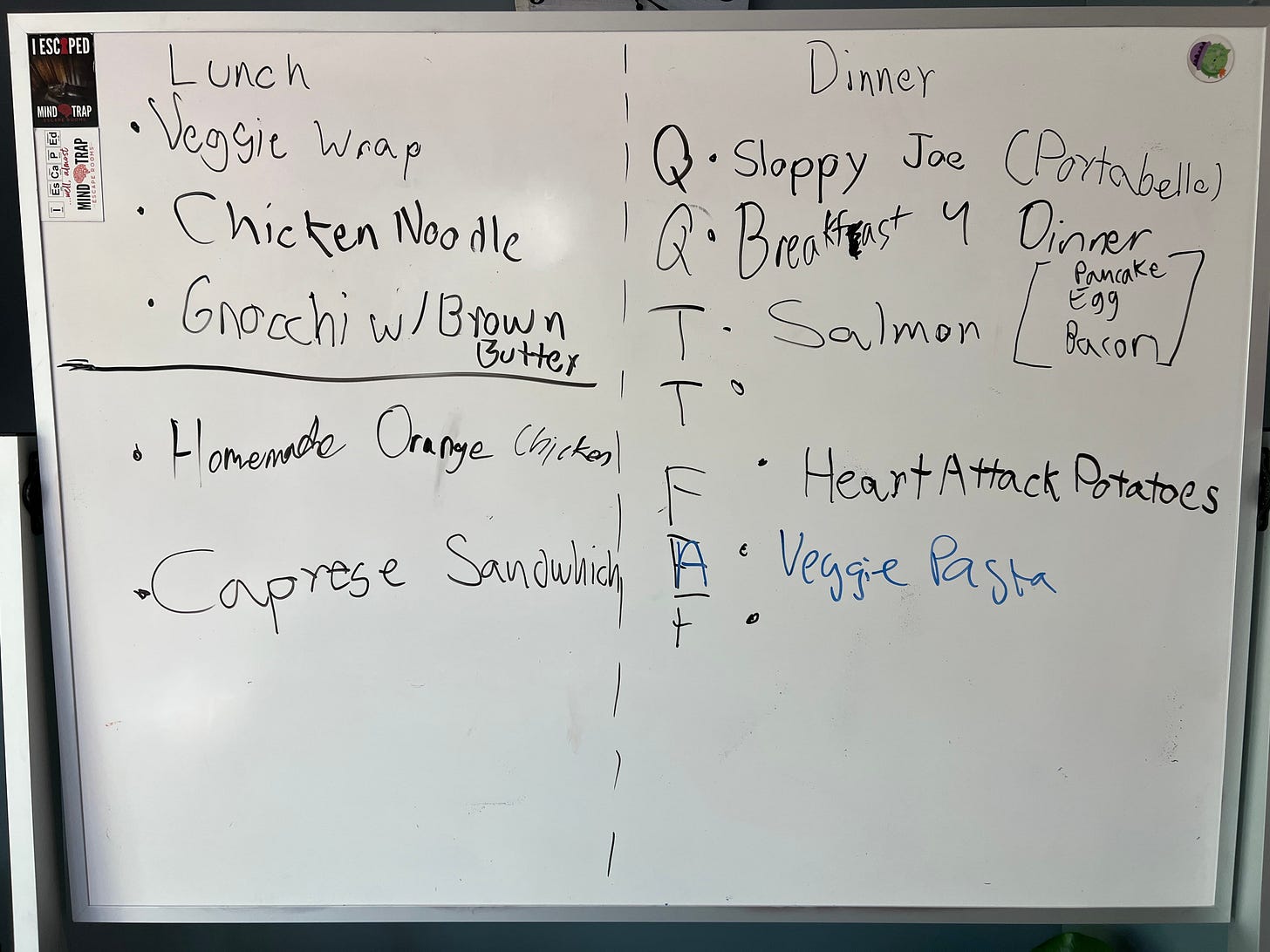 photo of a lunch plan in kid handwriting on a white board