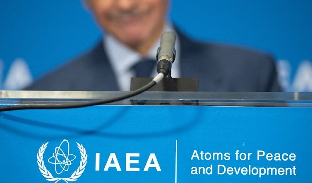 IAEA logo is pictured as its Director General Rafael Grossi speaks during a press conference after the Board of Governor’s Meeting at the agency's headquarters in Vienna, Austria on September 7, 2026. (Photo by Joe Klamar / AFP) IAEA logo is pictured as its Director General Rafael Grossi speaks during a press conference after the Board of Governor’s Meeting at the agency's headquarters in Vienna, Austria on September 7, 2026. (Photo by Joe Klamar / AFP)