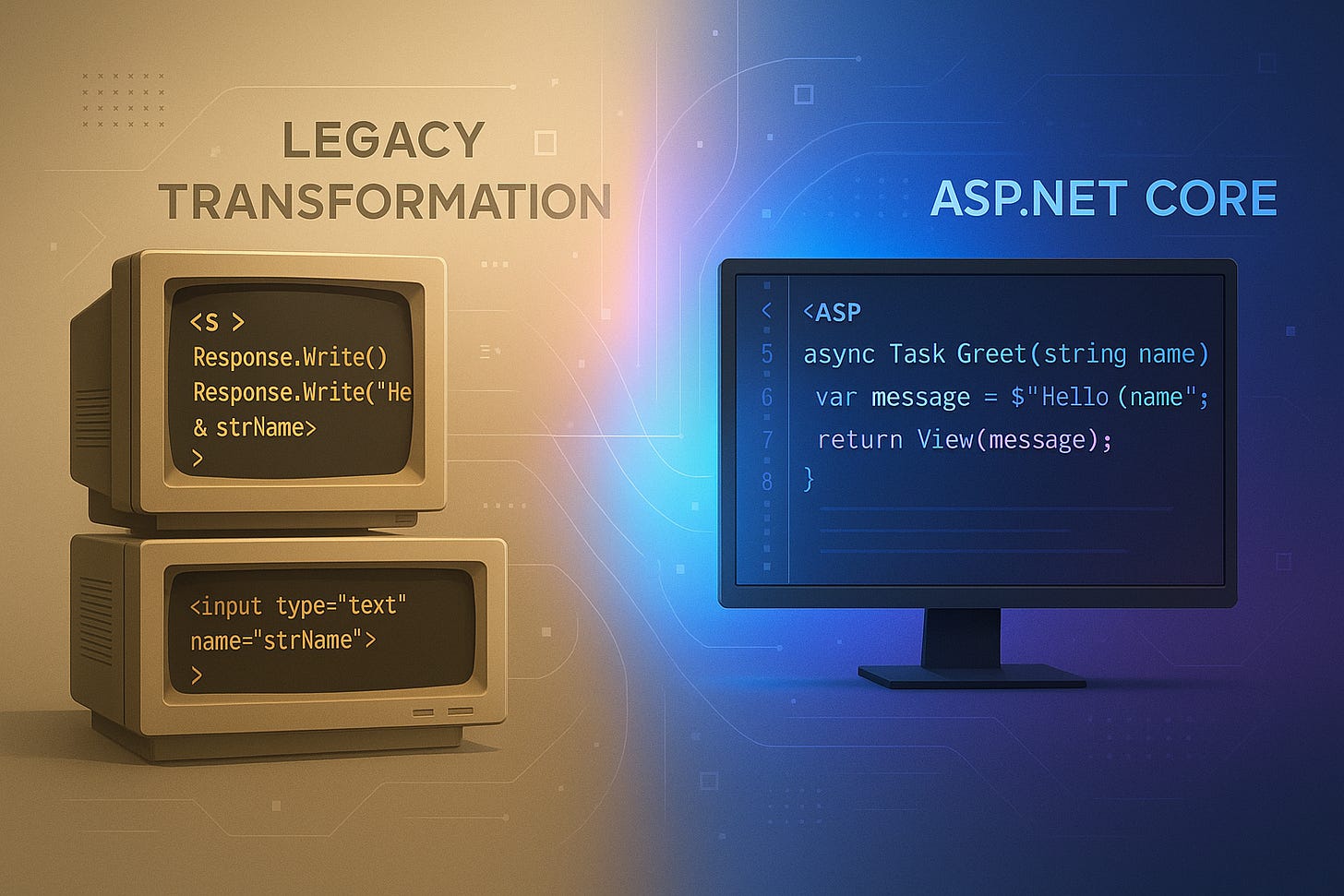 Legacy ASP code on vintage monitors transforming into modern ASP.NET Core on new display. Legacy ASP code on vintage monitors transforming into modern ASP.NET Core on new display.