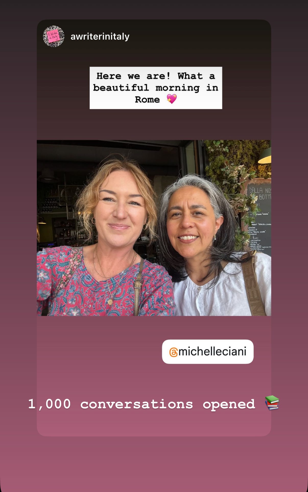 Image of screenshot of two women writers, Michelle Johnston (left) an Michelle Ciani (right) in front of a Roman café in Rome, Italy