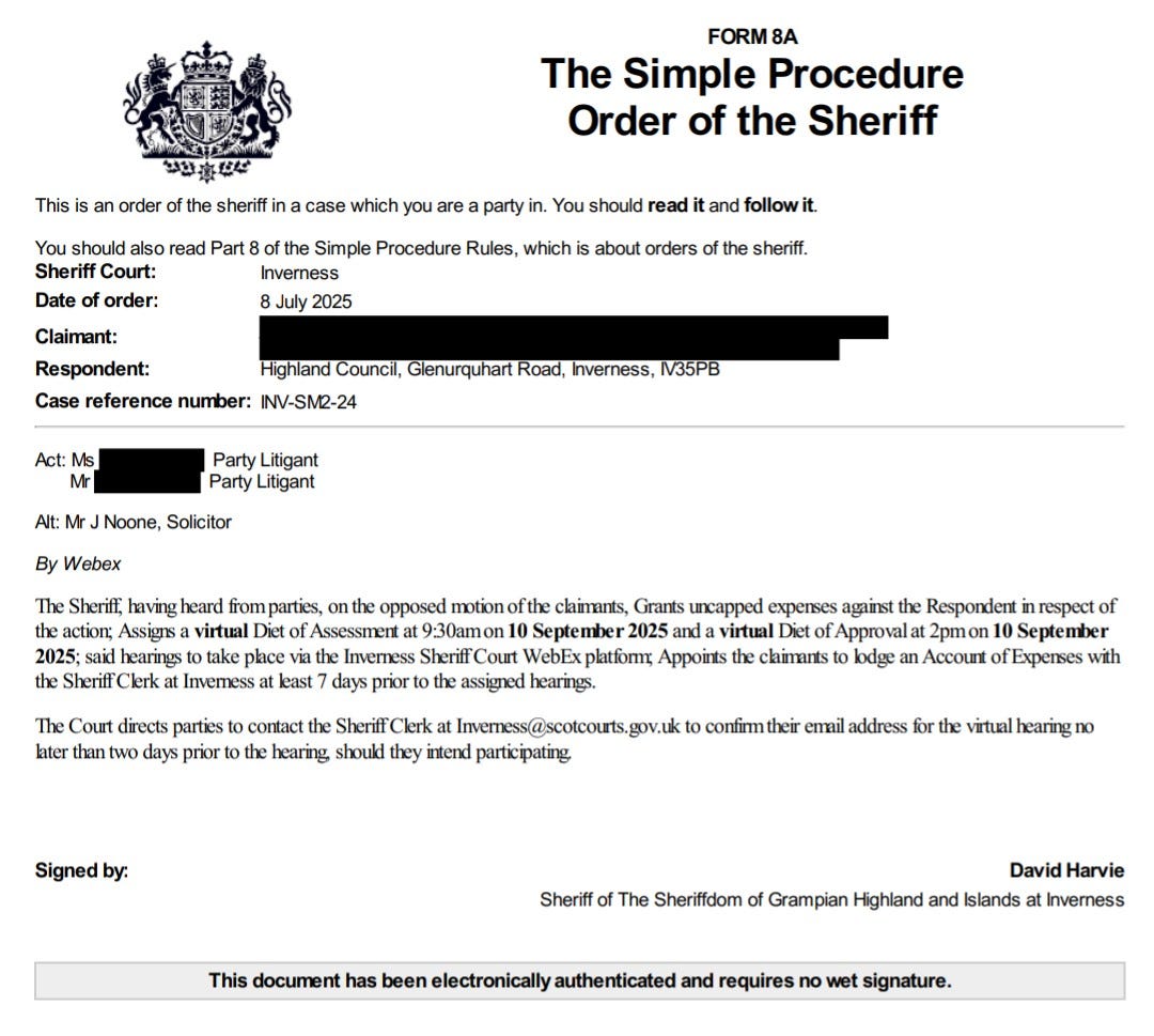Highland Council Court Orders Uncapped Expenses "Manifestly Unreasonable Behaviour"