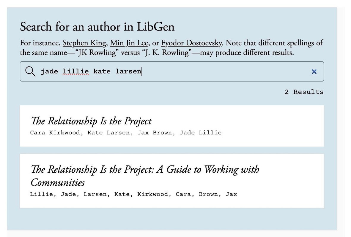 The Atlantic's LibGen search engine featuring two results for The Relationship is the Project