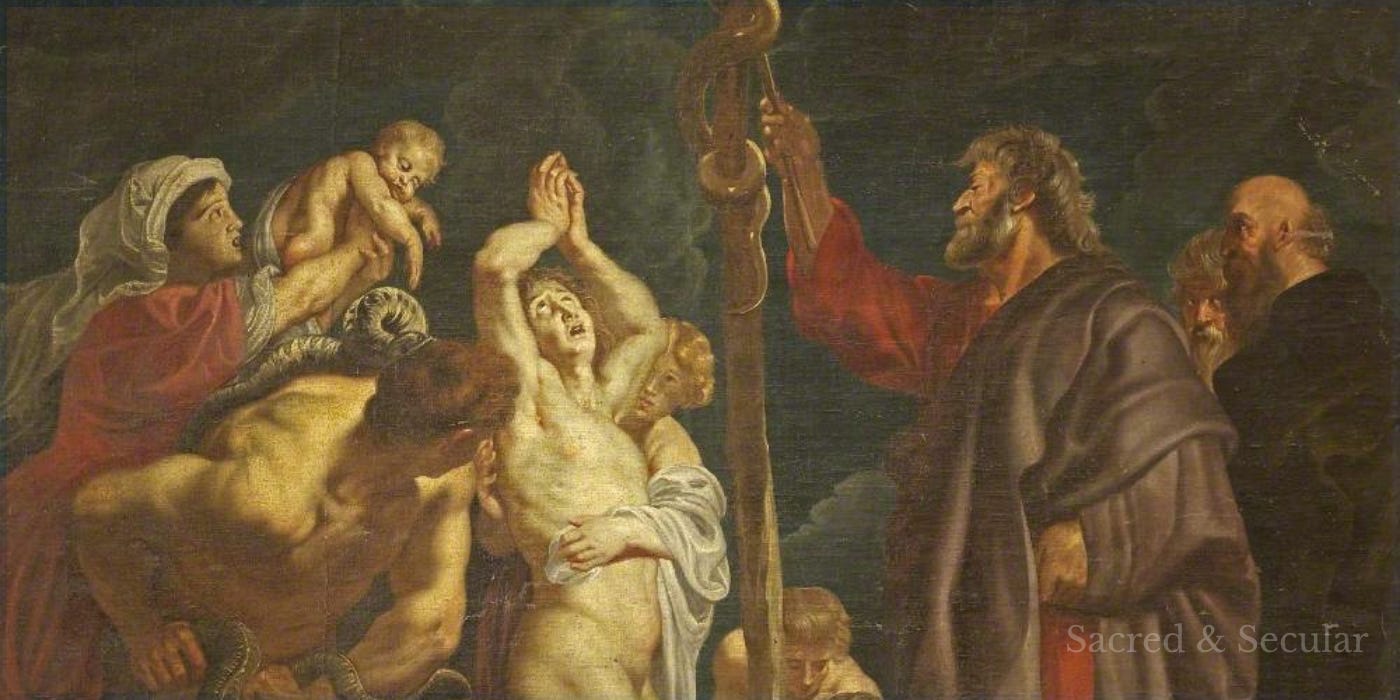 Painting by Peter Paul Rubens showing Moses raising the bronze serpent on a pole while suffering Israelites look towards it for healing. Painting by Peter Paul Rubens showing Moses raising the bronze serpent on a pole while suffering Israelites look towards it for healing.