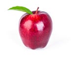 A red apple with a green leaf.