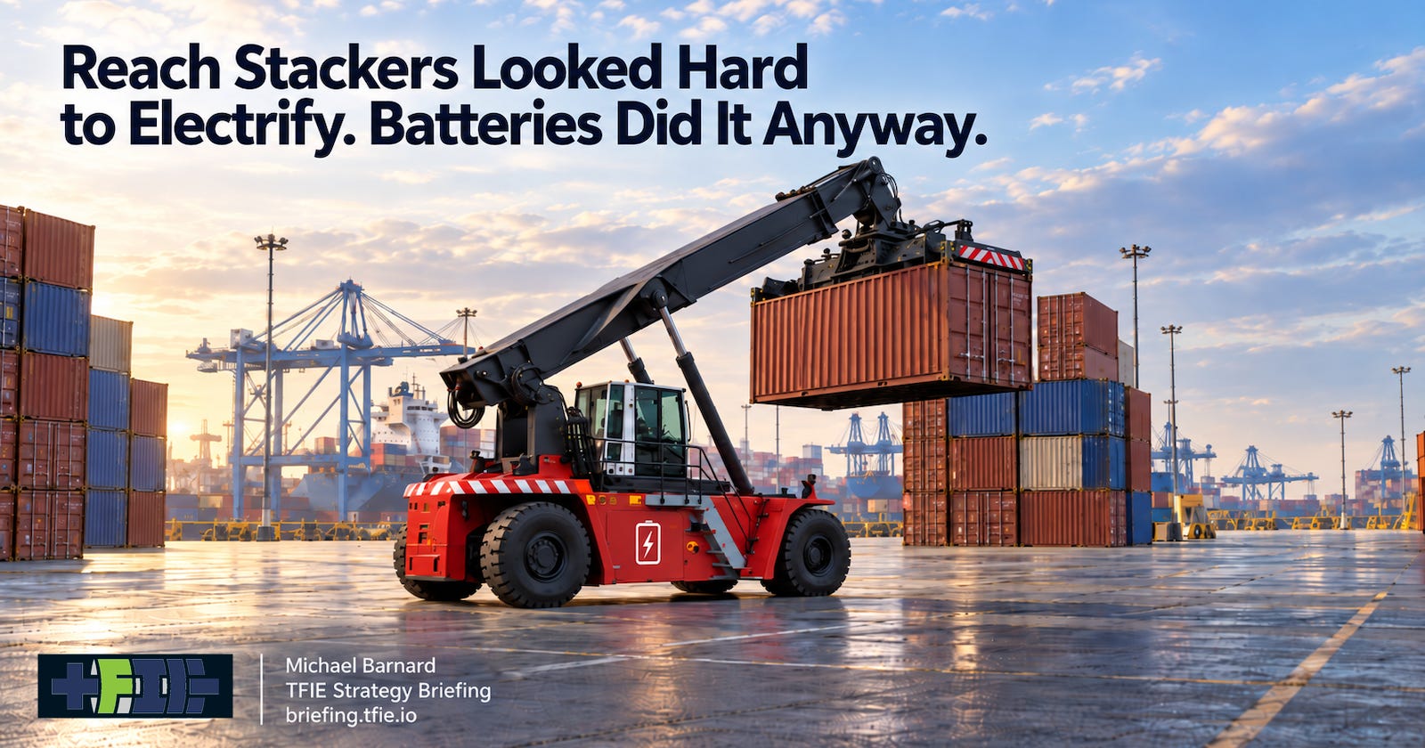 Battery-electric reach stackers working in a container terminal.