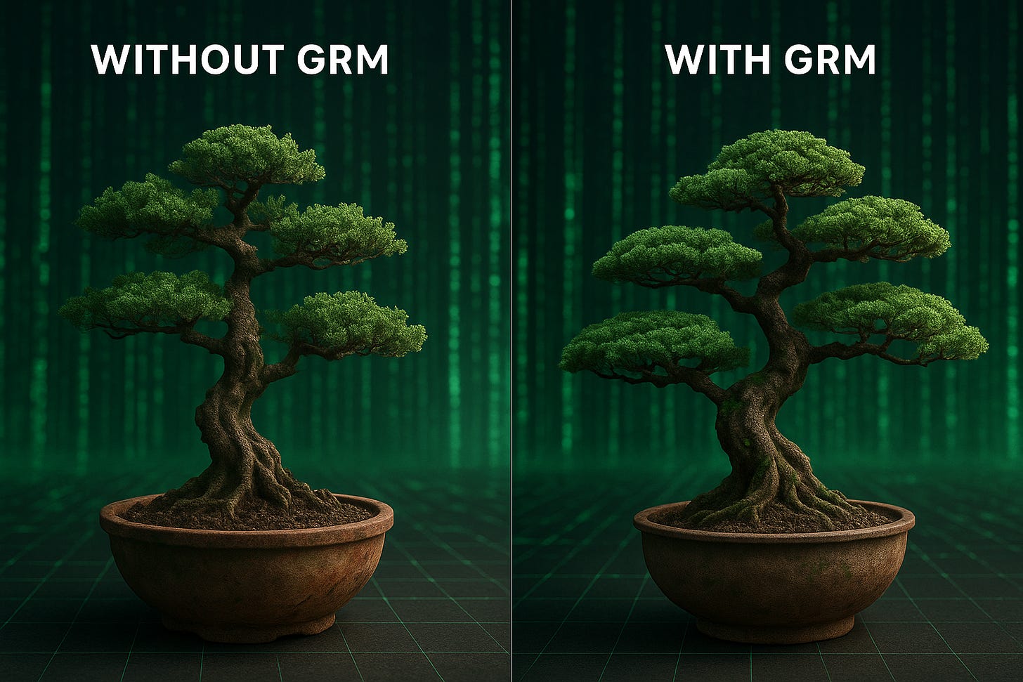 Figure 1 - Structural coherence through GRM Left: Without GRM – foliage distribution and proportions feel inconsistent. Right: With GRM – the tree shows balanced growth, consistent ratio between elements, and natural curvature. GRM prompts lead to fewer iterations and higher structural realism. Figure 1 - Structural coherence through GRM Left: Without GRM – foliage distribution and proportions feel inconsistent. Right: With GRM – the tree shows balanced growth, consistent ratio between elements, and natural curvature. GRM prompts lead to fewer iterations and higher structural realism.