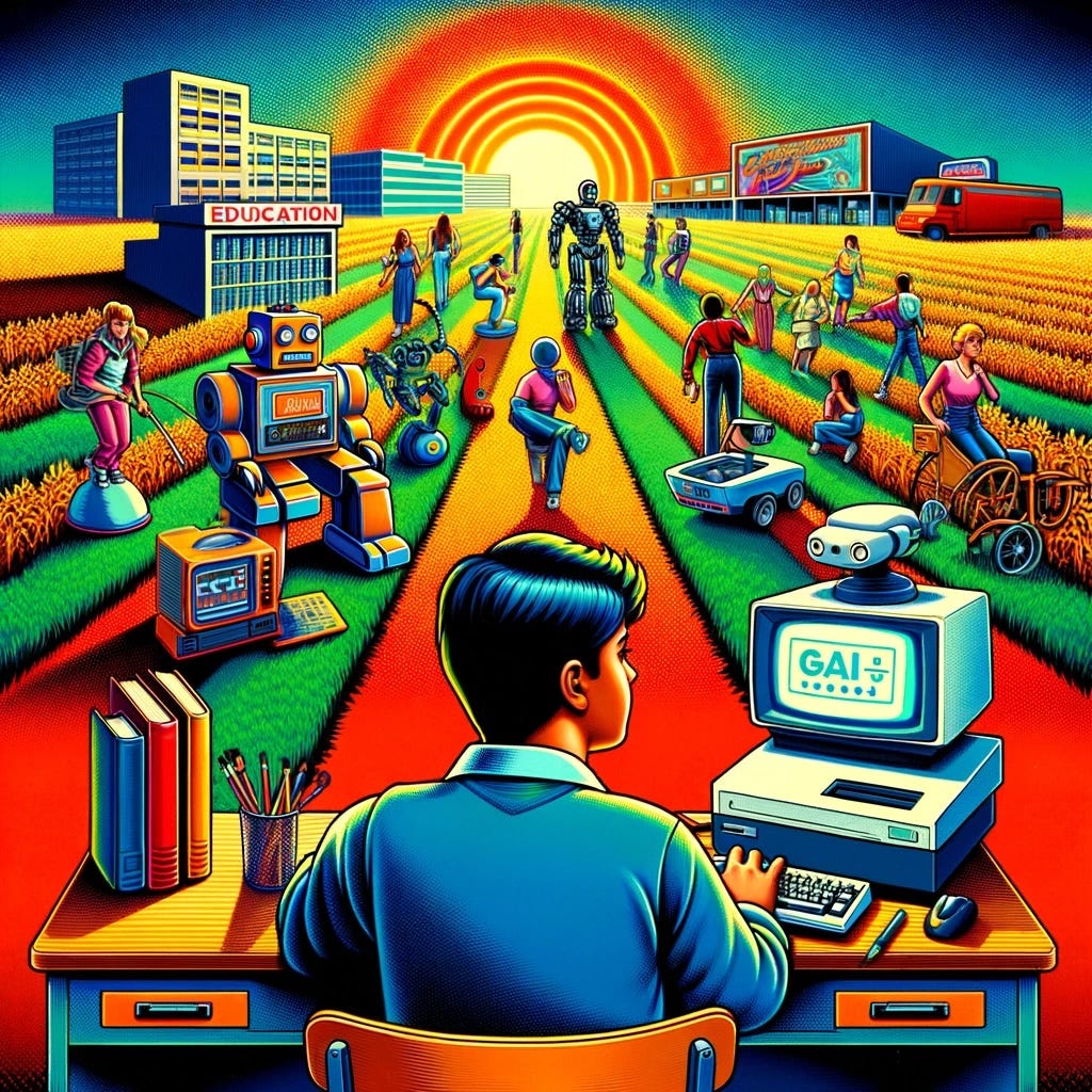 The central foreground features a young boy with dark hair, seated at a desk with an old-fashioned computer displaying "GA!" on the screen. The desk holds books, a pencil cup, and a small robot. The middle ground shows a variety of robots and humans engaging in various activities such as farming, riding bicycles, and using wheelchairs, all within parallel rows of crops extending towards the horizon. The background includes a modern educational building labeled "EDUCATION" and a sunset sky with radiating orange and yellow light. The central foreground features a young boy with dark hair, seated at a desk with an old-fashioned computer displaying "GA!" on the screen. The desk holds books, a pencil cup, and a small robot. The middle ground shows a variety of robots and humans engaging in various activities such as farming, riding bicycles, and using wheelchairs, all within parallel rows of crops extending towards the horizon. The background includes a modern educational building labeled "EDUCATION" and a sunset sky with radiating orange and yellow light.