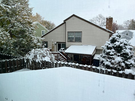 Photo 1: Image of snow covered mountains behind a lake; Photo 2: image of snow from a 2nd floor window; Photo 3: Image of snow covered mountain