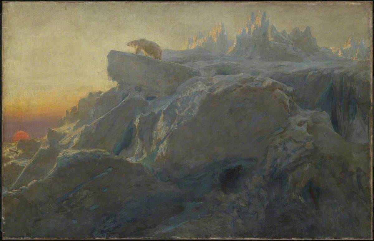 A polar bear on a high ice ledge above a frozen landscape at sunset A polar bear on a high ice ledge above a frozen landscape at sunset