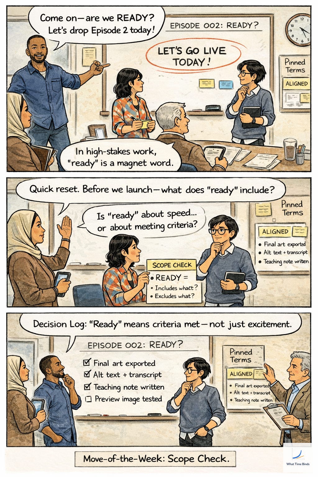 Three-panel comic in an ops room. Malik pushes to release Episode 2 and asks if the team is “READY,” pointing to a whiteboard that says “LET’S GO LIVE TODAY!” A caption notes that “ready” is a magnet word in high-stakes work. Amina calls a quick reset and asks what “ready” includes. Juno asks whether “ready” means speed or meeting criteria. The team uses a scope-check card that prompts “READY = includes what? excludes what?” A decision log clarifies that readiness is defined by criteria, and a checklist shows final art, alt text plus transcript, and teaching note completed, with “preview image tested” still unchecked. The strip ends with “Move-of-the-Week: Scope Chec