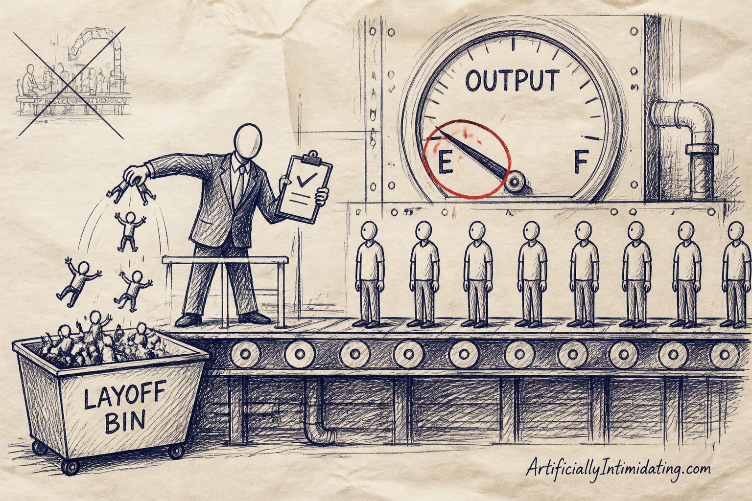 Pen-and-ink cartoon: a suited manager stands over a factory conveyor belt, plucking small workers off it and dropping them into a large bin marked LAYOFF BIN while holding a clipboard with a tick. The remaining workers stand motionless on the belt, arms at their sides, watching him. A huge wall gauge marked OUTPUT has its needle sagging toward E, circled in red.