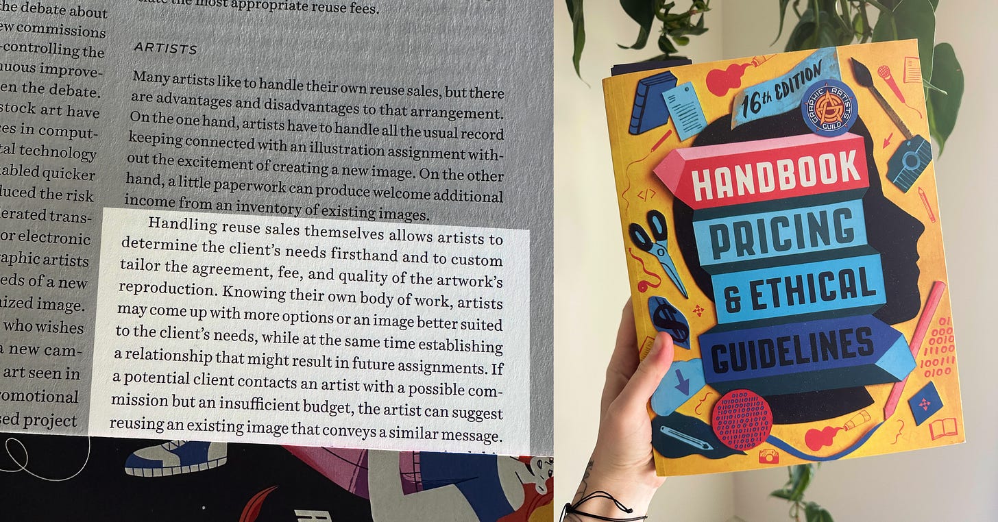 Screenshot from the Graphic Artists Guild handbook book together with the photo of the book.