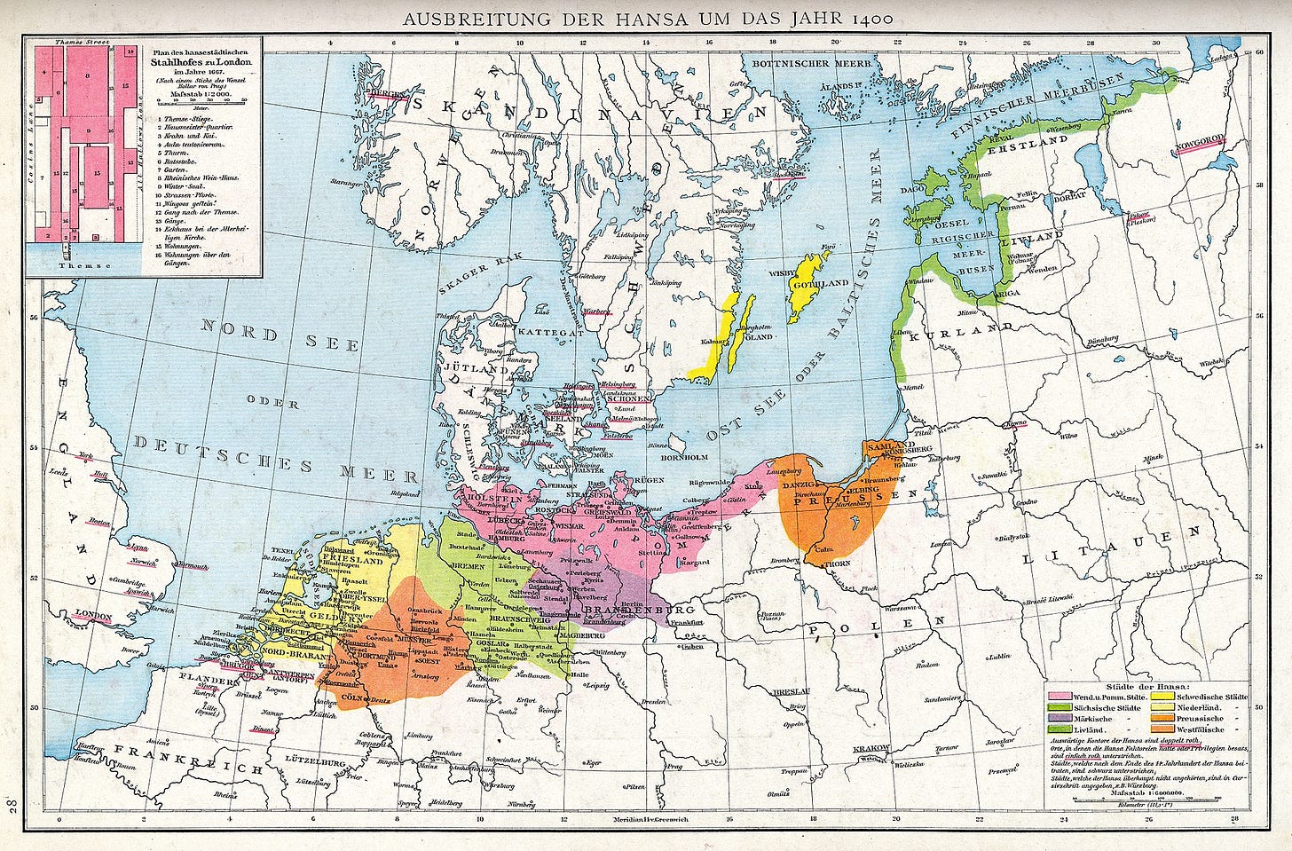 Northern Europe in the 1400s, showing the extent of the Hanseatic League