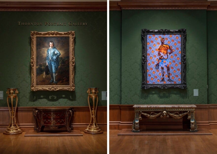 Thomas Gainsborough's <em>The Blue Boy </em>(ca. 1770) installation view in the Thornton Portrait Gallery at The Huntington; Kehinde Wiley's <em>A Portrait of a Young Gentleman</em> (2021) installation view in the Thornton Portrait Gallery at The Huntington