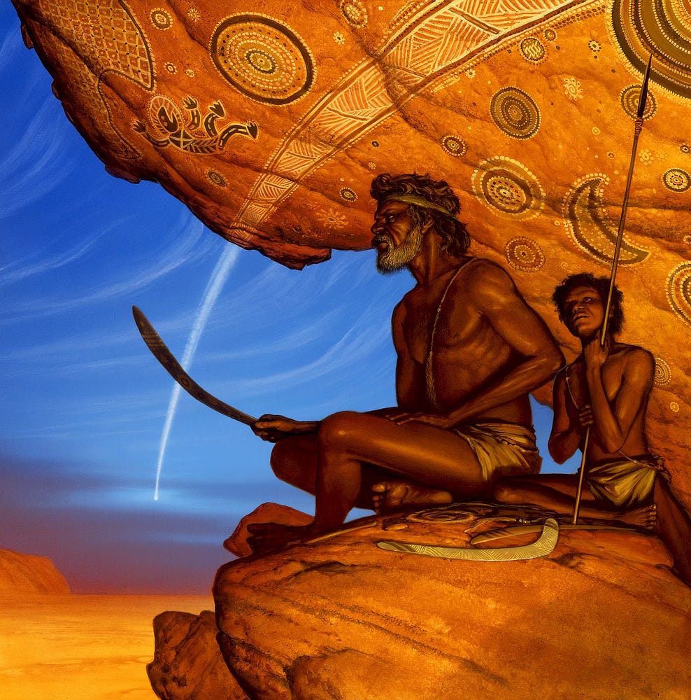 As seen in profile, a bearded aboriginal man of middle years sits with legs crossed on a perch of orange rock. He stares determinedly across flat barren plains topped by a beautiful blue sky. Breaking the upward sweeping pattern of wispy clouds, the contrail of a heavenly object arcs to the ground. Painted in indigenous style, it's downward trail continues on the pictographs painted on the rock above the man. The surrounding art is a mix of decorative shapes and narrative elements. At the edge of the rock, above the contrail, a figure falls with arms and legs flailing. The older man holds a boomerang. Several more rest on the stone near him. Beside him sits a boy with eyes cast dreamily upward as he grips a spear with the butt resting against the stone. Both are bare chested, wearing only loincloths. As seen in profile, a bearded aboriginal man of middle years sits with legs crossed on a perch of orange rock. He stares determinedly across flat barren plains topped by a beautiful blue sky. Breaking the upward sweeping pattern of wispy clouds, the contrail of a heavenly object arcs to the ground. Painted in indigenous style, it's downward trail continues on the pictographs painted on the rock above the man. The surrounding art is a mix of decorative shapes and narrative elements. At the edge of the rock, above the contrail, a figure falls with arms and legs flailing. The older man holds a boomerang. Several more rest on the stone near him. Beside him sits a boy with eyes cast dreamily upward as he grips a spear with the butt resting against the stone. Both are bare chested, wearing only loincloths.
