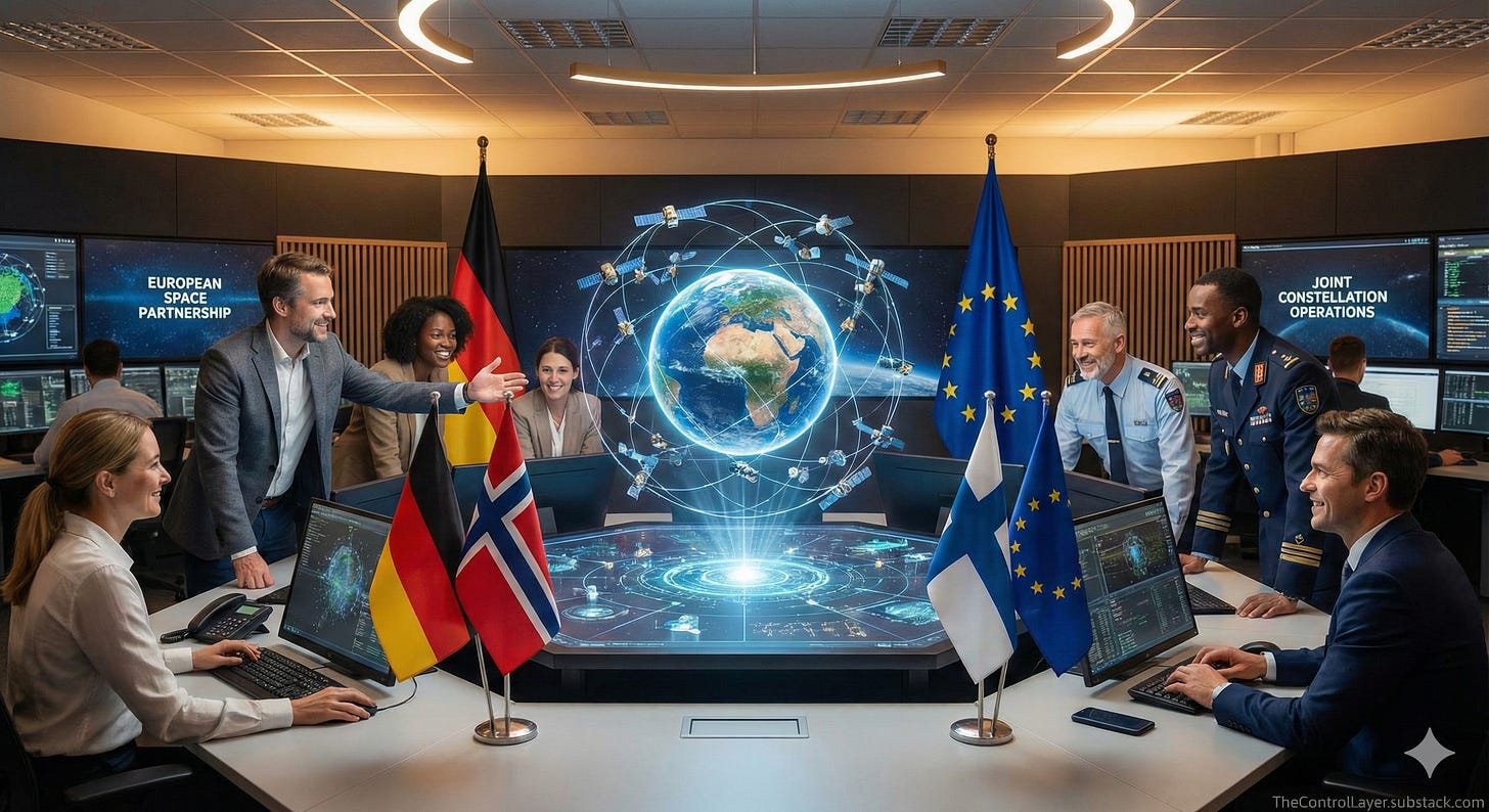 European flags surrounding a holographic satellite display in a modern command centre, showing multinational collaboration. European flags surrounding a holographic satellite display in a modern command centre, showing multinational collaboration.