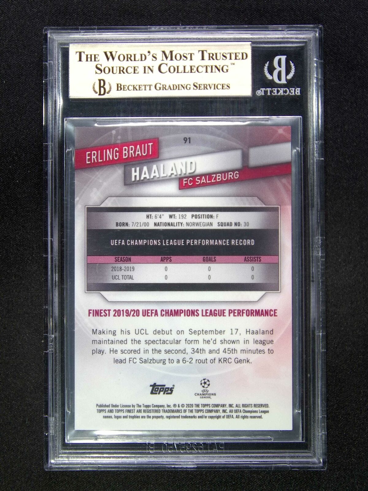 2019-20 Topps Finest UCL Erling Haaland Rookie RC Green Refractor BGS 9.5 /99 - Picture 2 of 2