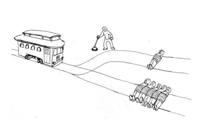A visual depiction of the trolley problem. A trolley is on a set of simple train tracks. Five people are tied to the tracks. A person stands with a lever near a side track. The side track only has one person tied up on it.