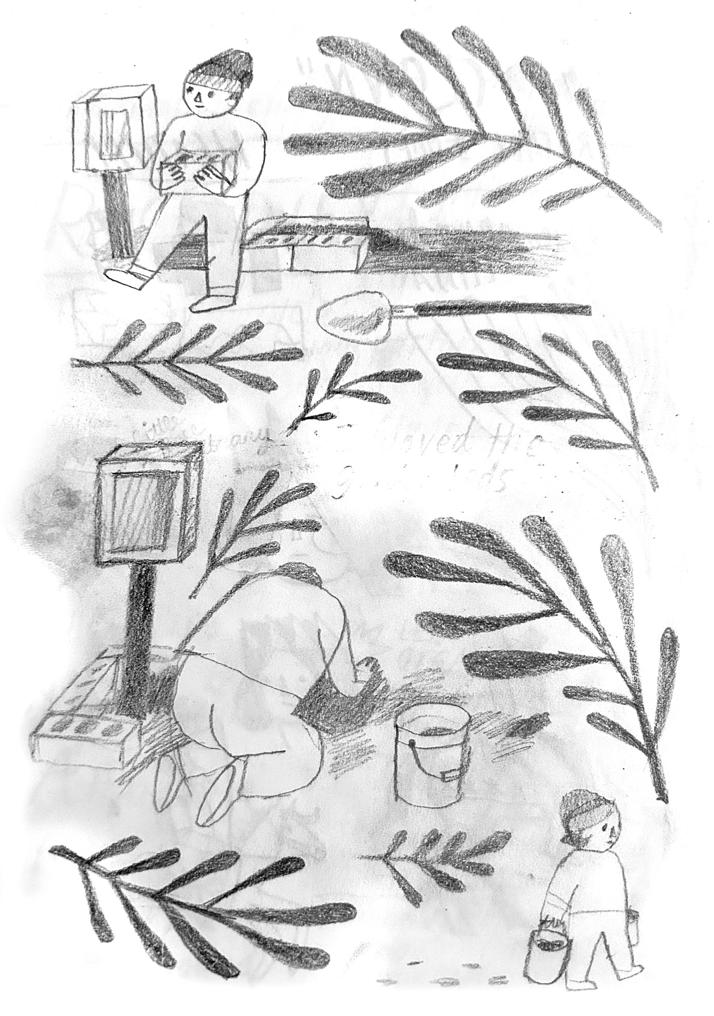 A comic of a person in a hat carrying what look like cinder blocks and buckets. There are plant fronds in between and the comic is supposed to depict me moving my garden beds around.
