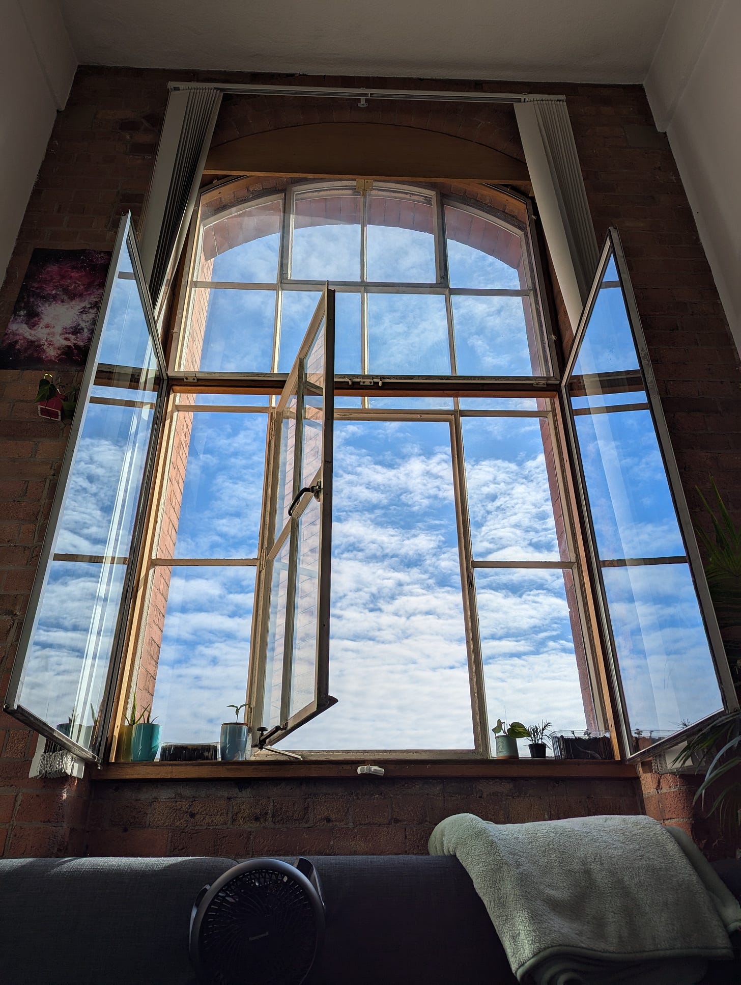 An enormous open window set into exposed brick with plants in the sill