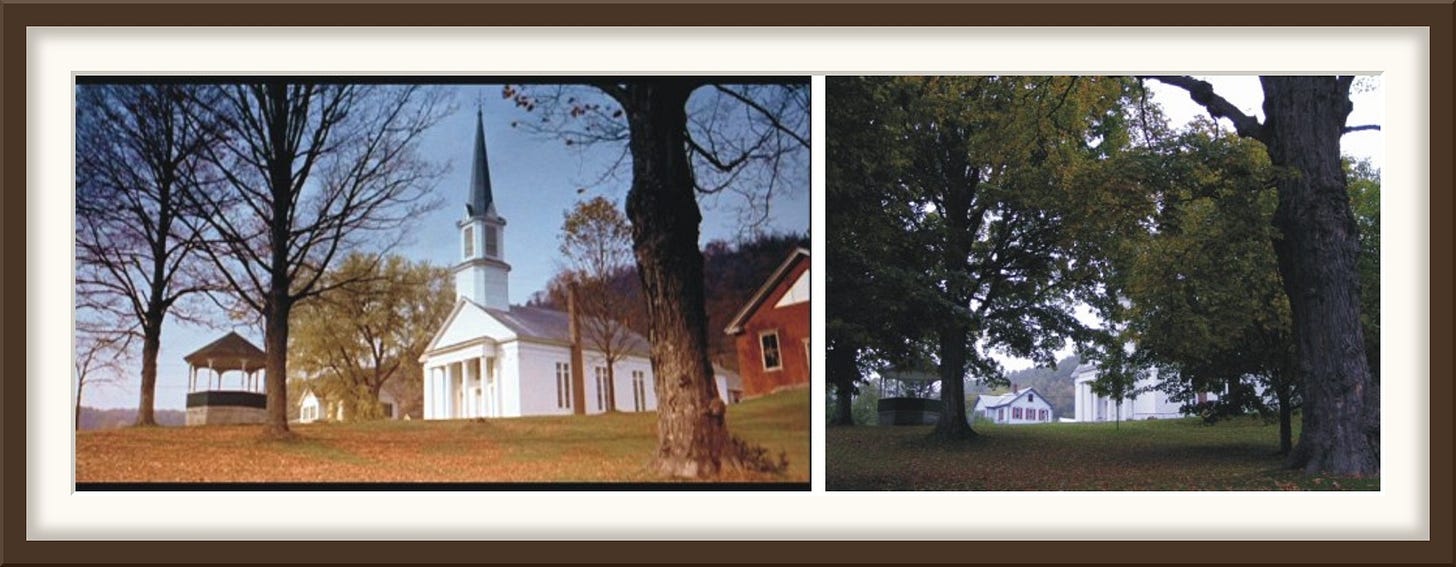 The 1954 film frame beside a 2003 photograph of the Sharon church
