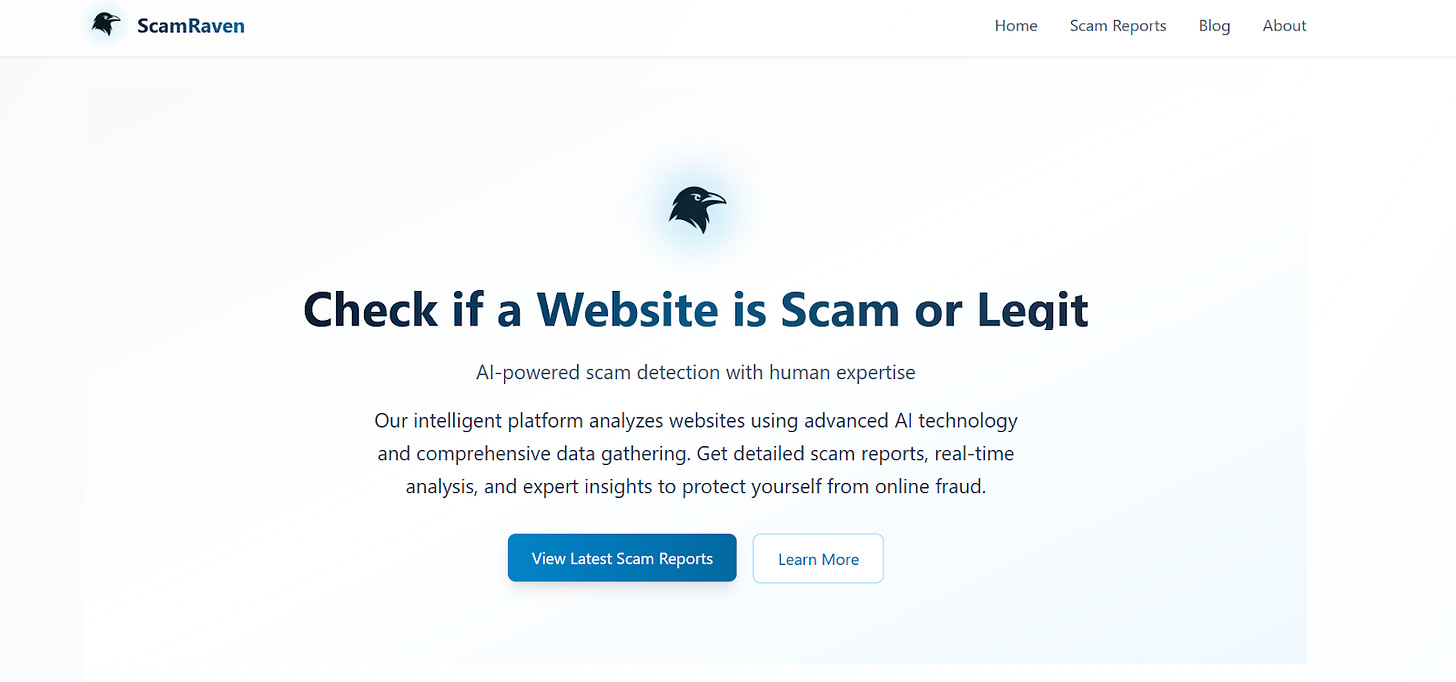 Frontend of the www.scamraven.com