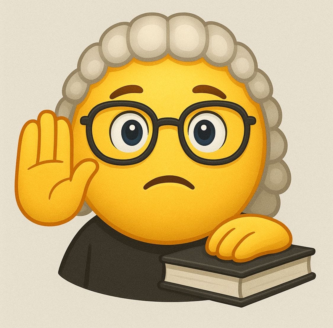 Emoji estilizado de juiz segurando um livro e levantando a mão em sinal de juramento, representando a interseção entre emojis e decisões judiciais.