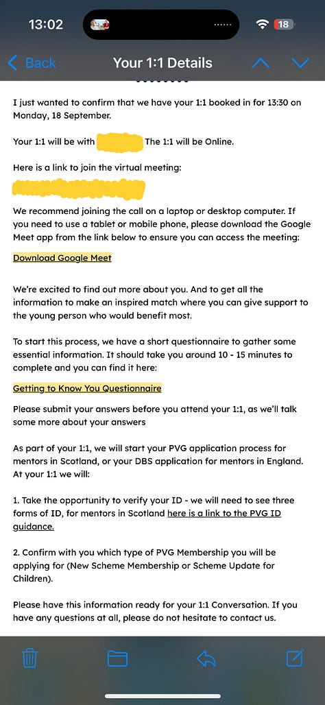 Image 1: Becca sitting in her wheelchair smiling warmly at the camera in a bright yellow room, wearing an orange outfit and black hoodie. The photo captures a relaxed moment at home before beginning her mentoring journey.  Image 2: Screenshot of an email confirming Becca’s one-to-one meeting with MCR Pathways on 18 September 2023, outlining the next steps for her mentor registration and ID verification.  Image 3: Screenshot of Becca’s MCR Pathways mentor training reminder email for 12 October 2023, showing colourful illustrated icons of the mentoring process from registration to meeting a young person.