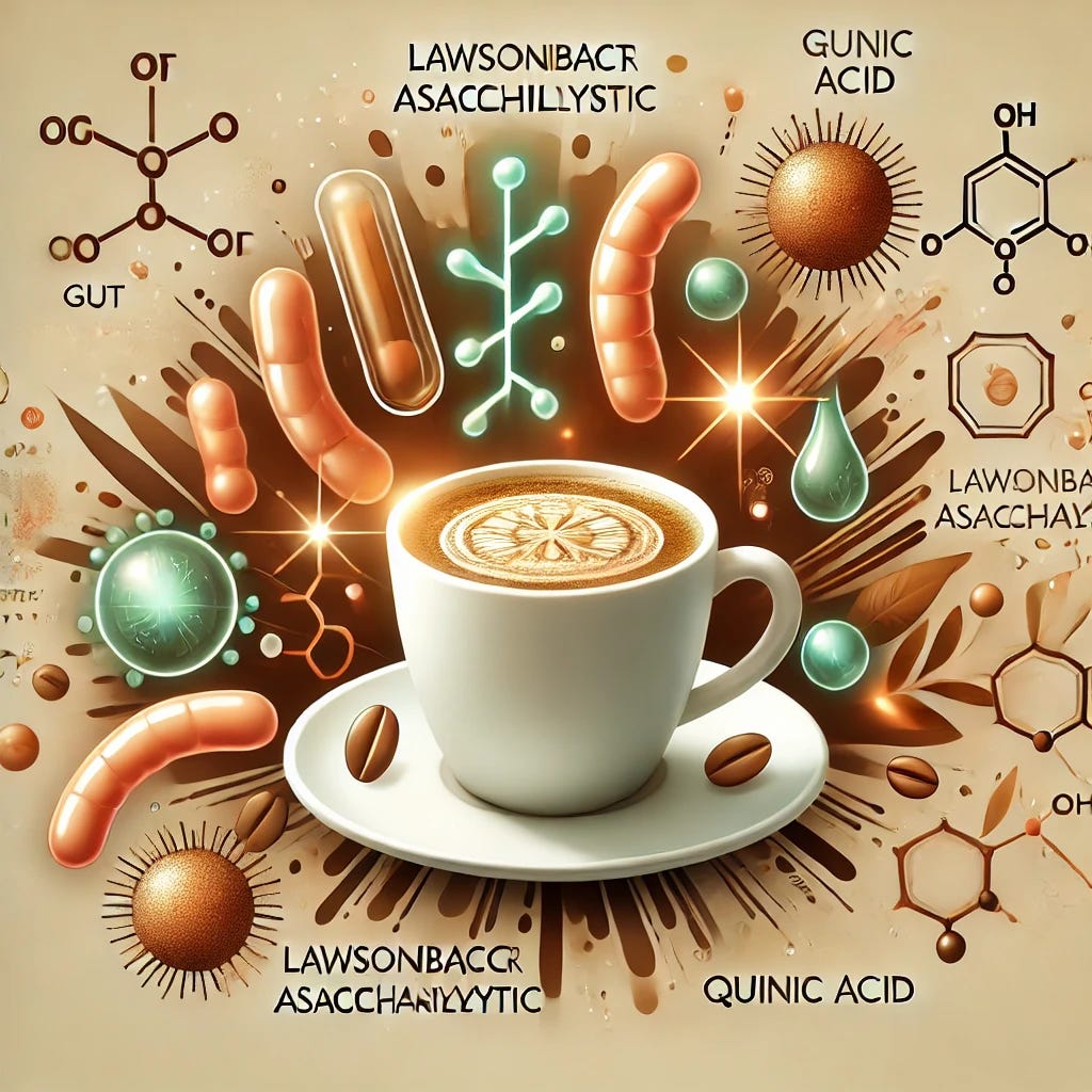 A professional medical illustration representing the connection between coffee consumption and gut microbiome health. The image features a stylized coffee cup with abstract visuals of gut bacteria, including Lawsonibacter asaccharolyticus, depicted as glowing bacterial structures. Surrounding the cup are molecular structures symbolizing metabolites like quinic acid. The design is clean, modern, and scientifically accurate, with calming earthy tones and a focus on clarity. Icons representing microbiome health and scientific research are subtly integrated. Avoid overly complex or unsettling details.