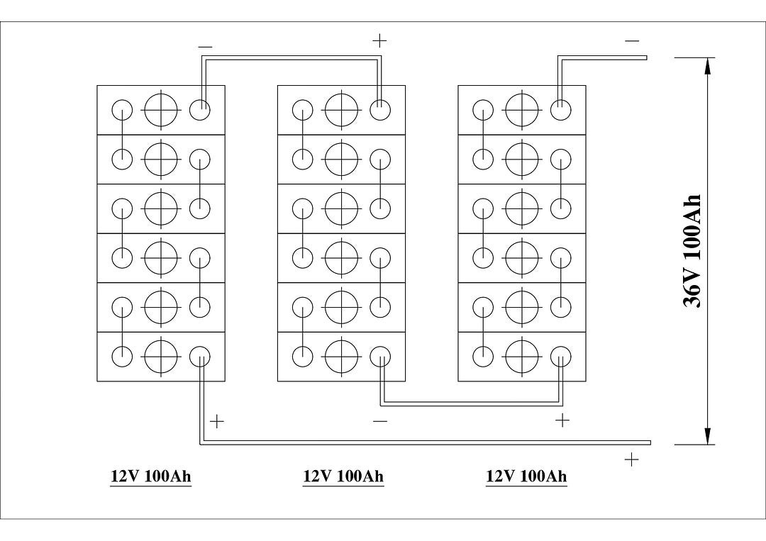 This is a sketch of 3 nos. of 12 V 100 Ah batteries connected in series