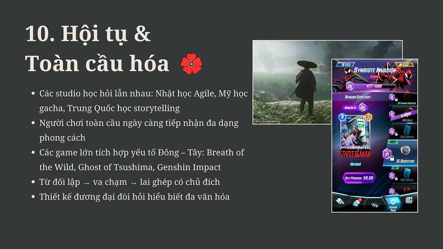May be an image of 1 person and text that says '10. Hội tụ & Toàn cầu hóa Các studio học hỏi lẫn nhau: Nhật học Agile, Mỹ học gacha, Trung Quốc học storytelling Người chơi toàn cầu ngày càng tiếp nhận đa dạng 557 星川日 SYMBIOTE INVASION ာသမေမန်င်မ်ဖှဲ့ 20 477/ 1000 REMINRS SASTeReT Sntenirat 5 ELANET phong cách Các game lớn tích hợp yếu tố Đông- Tây: Breath of the Wild, Ghost of Tsushima, Genshin Impact Từ đối lập va chạm lai ghép có chủ đích Thiết kế đương đại đòi hỏi hiểu biết đa văn hóa FREE KaonAEK SHHIDER-MAN Mariane 5BISTFRS BwPeTMOM 9.99 福 图 Bars' May be an image of 1 person and text that says '10. Hội tụ & Toàn cầu hóa Các studio học hỏi lẫn nhau: Nhật học Agile, Mỹ học gacha, Trung Quốc học storytelling Người chơi toàn cầu ngày càng tiếp nhận đa dạng 557 星川日 SYMBIOTE INVASION ာသမေမန်င်မ်ဖှဲ့ 20 477/ 1000 REMINRS SASTeReT Sntenirat 5 ELANET phong cách Các game lớn tích hợp yếu tố Đông- Tây: Breath of the Wild, Ghost of Tsushima, Genshin Impact Từ đối lập va chạm lai ghép có chủ đích Thiết kế đương đại đòi hỏi hiểu biết đa văn hóa FREE KaonAEK SHHIDER-MAN Mariane 5BISTFRS BwPeTMOM 9.99 福 图 Bars'