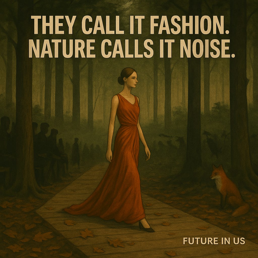 Illustration of a woman in a red dress walking on a runway through a forest. The audience is made of shadowy figures, while a fox watches nearby. The quote reads: “They call it fashion. Nature calls it noise.” Text “FUTURE IN US” appears in the corner.