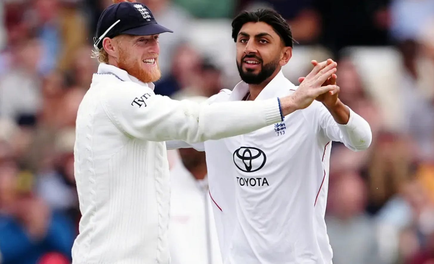 shoaib bashir with captain ben stokes celebrating a wicket