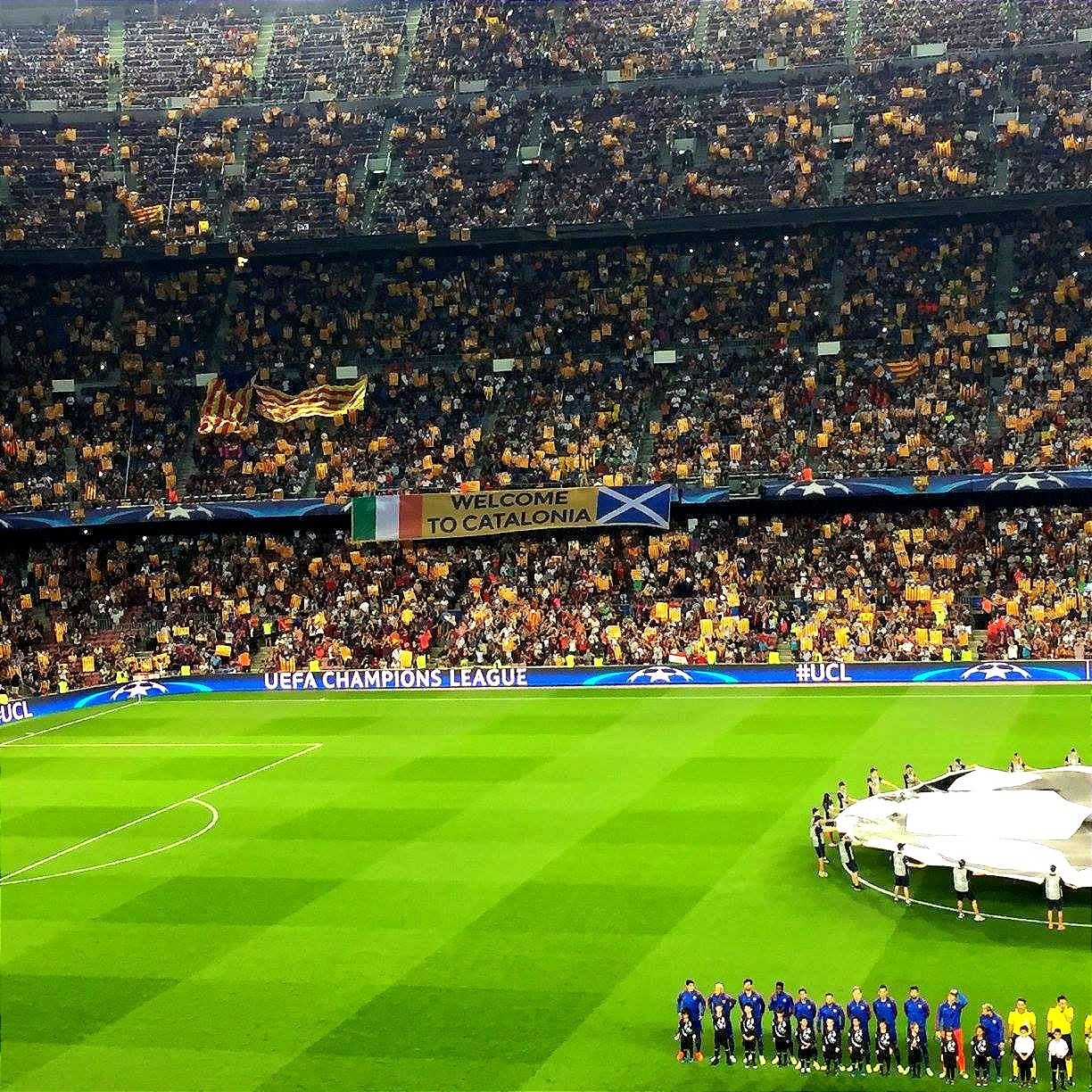 Camp Nou Barcelona full of fans with Catalan flags on the Catalonian National Day
