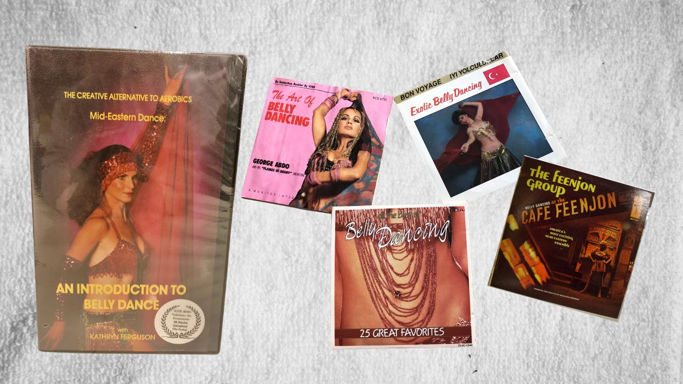 The VHS: The creative alternative to aerobics, mid-eastern dance. An introduction to belly dance with Katheryn Ferguson. The music albums: The Art of Belly Dancing by George Abdo. Bon Voyage: Exotic Belly Dancing. All the Best Belly Dancing. And Belly Dancing at the Cafe Feenjon by the Feenjon Group.