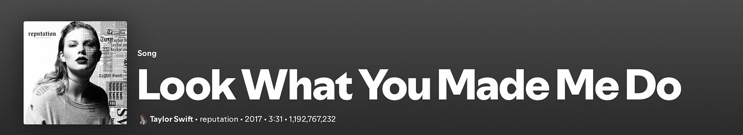 A screenshot from Spotify. Taylor Swift's "reputation" is on the left-hand side, with the song title "Look What You Made Me Do"