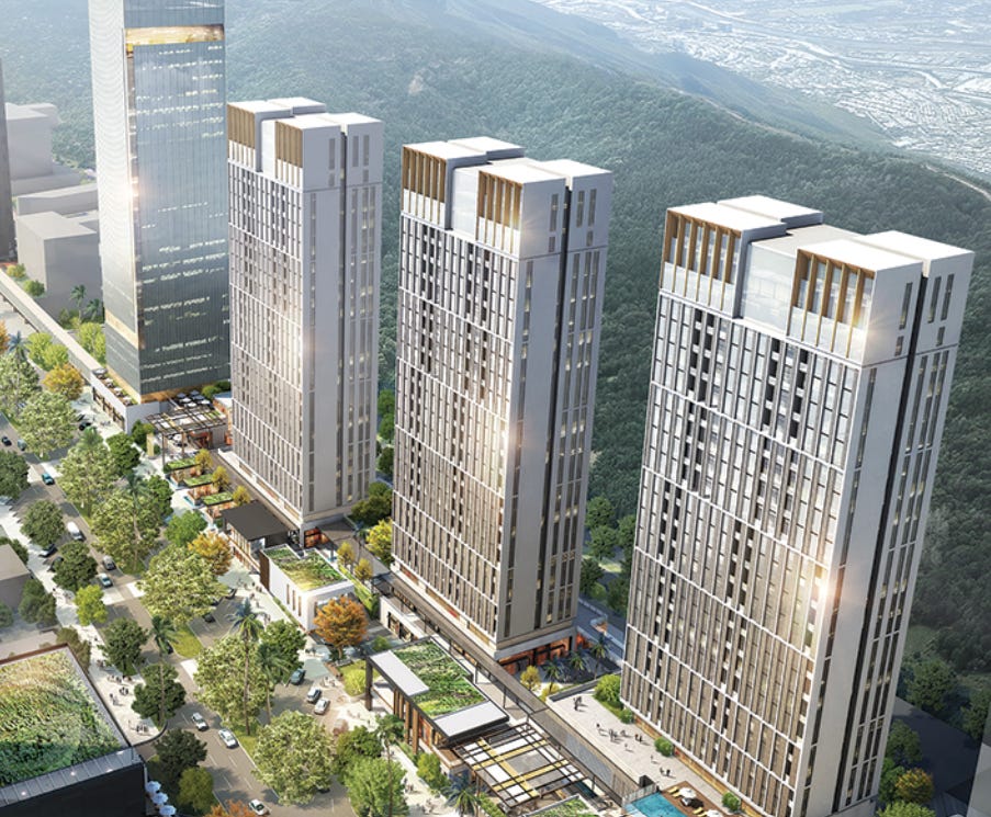 A group of tall buildings with trees and a road

AI-generated content may be incorrect.