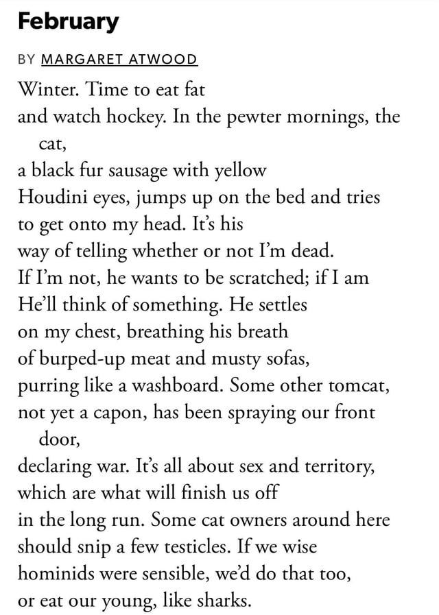 POEM] February, by Margaret Atwood. : r/Poetry