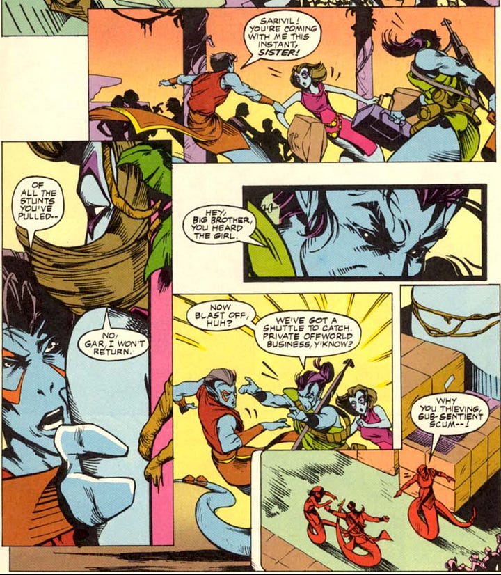 Images from Alien Legion issue three, volume one, detailing the tragic backstory of Captain Sarigar, and how his sister cheated him out of his inheritance.