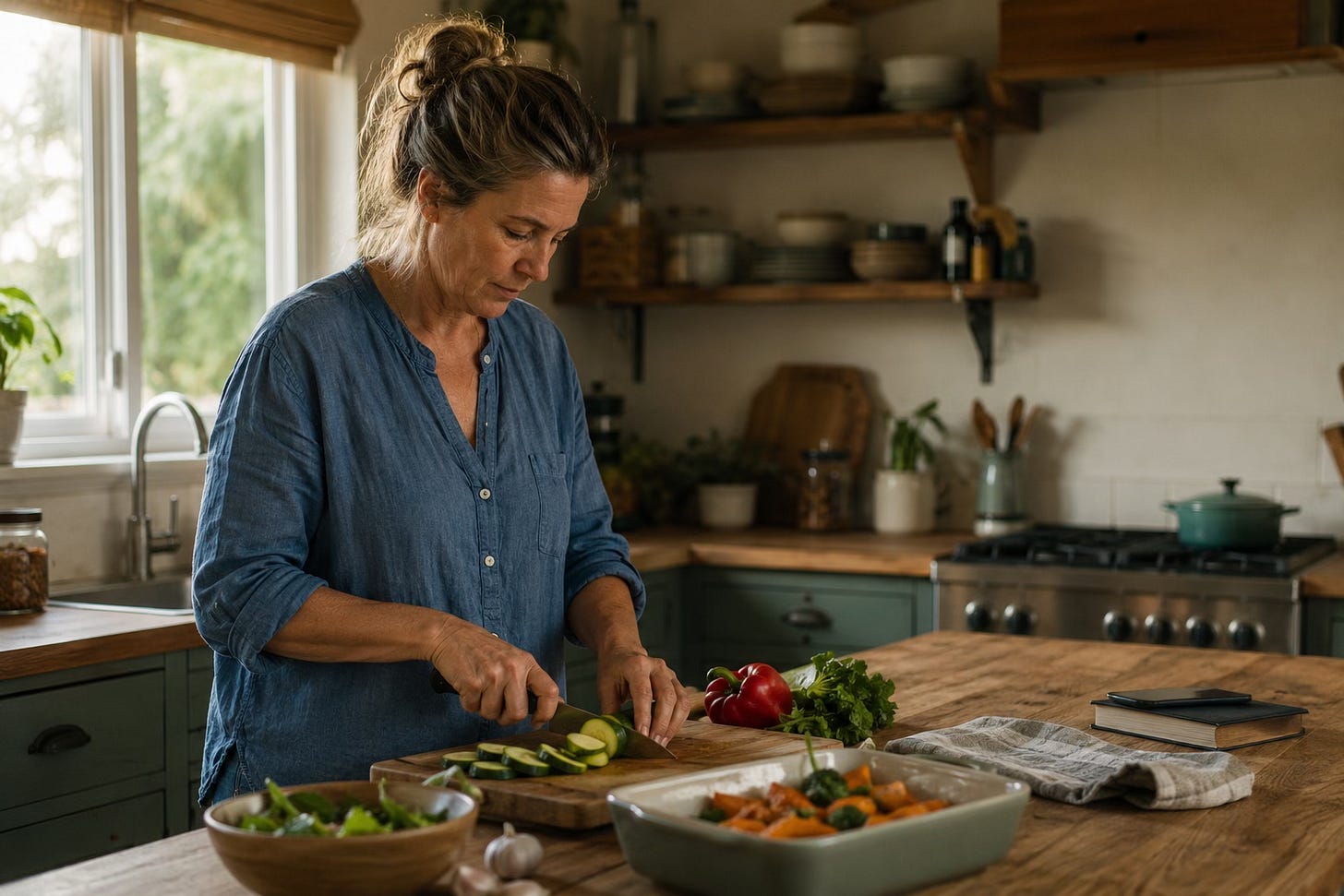 A woman prepares vegetables for dinner while a closed book and phone rest at the edge of the kitchen table.