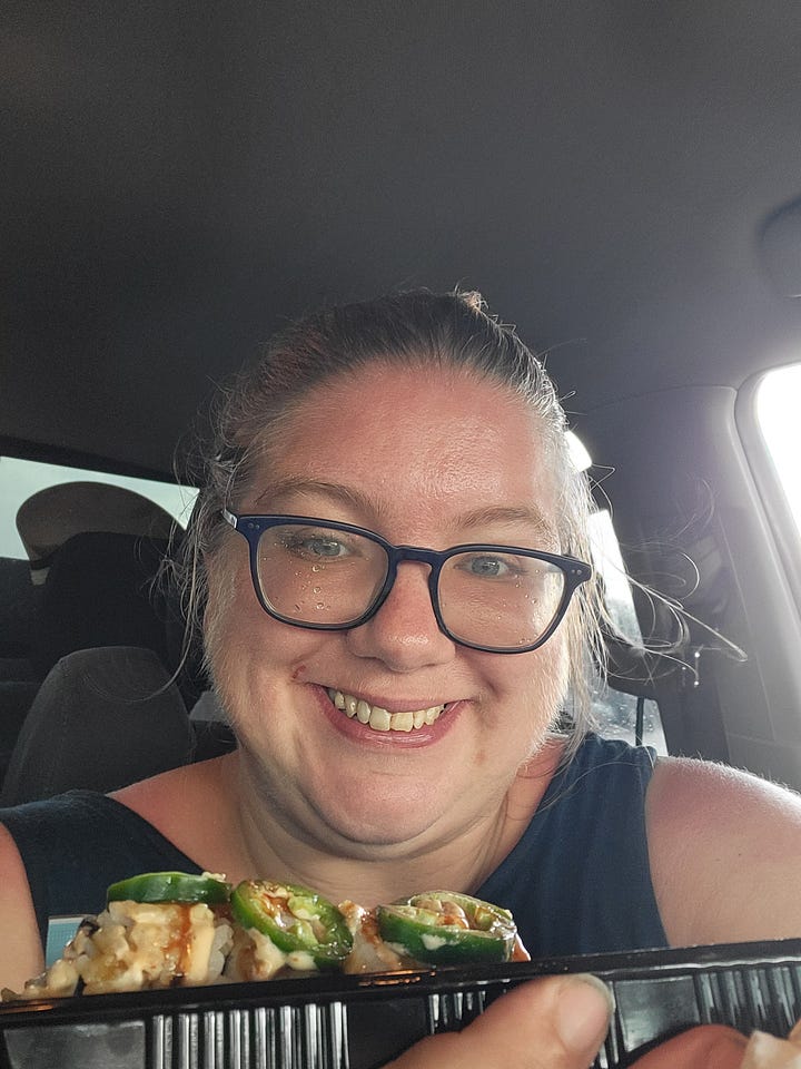 A selfie of Eugene with eggnog in the aisle of a Meijer and a selfie of Emily in the truck eating sushi from Meijer.