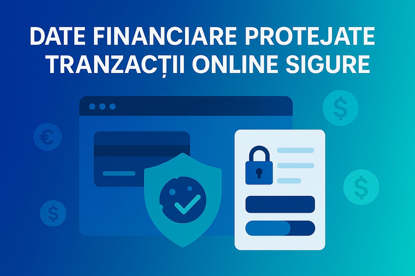 Banner vectorial flat 16 : 9, gradient royal-blue spre aqua; titlul alb fără diacritice «DATE FINANCIARE PROTEJATE – TRANZACTII ONLINE SIGURE». În stânga, un card bancar pe fundal browser, peste care un scut cu bifă; în dreapta, un formular de plată cu lacăt; iconuri monedă ($, €) dispersate – estetic fintech modern, contrast rece.