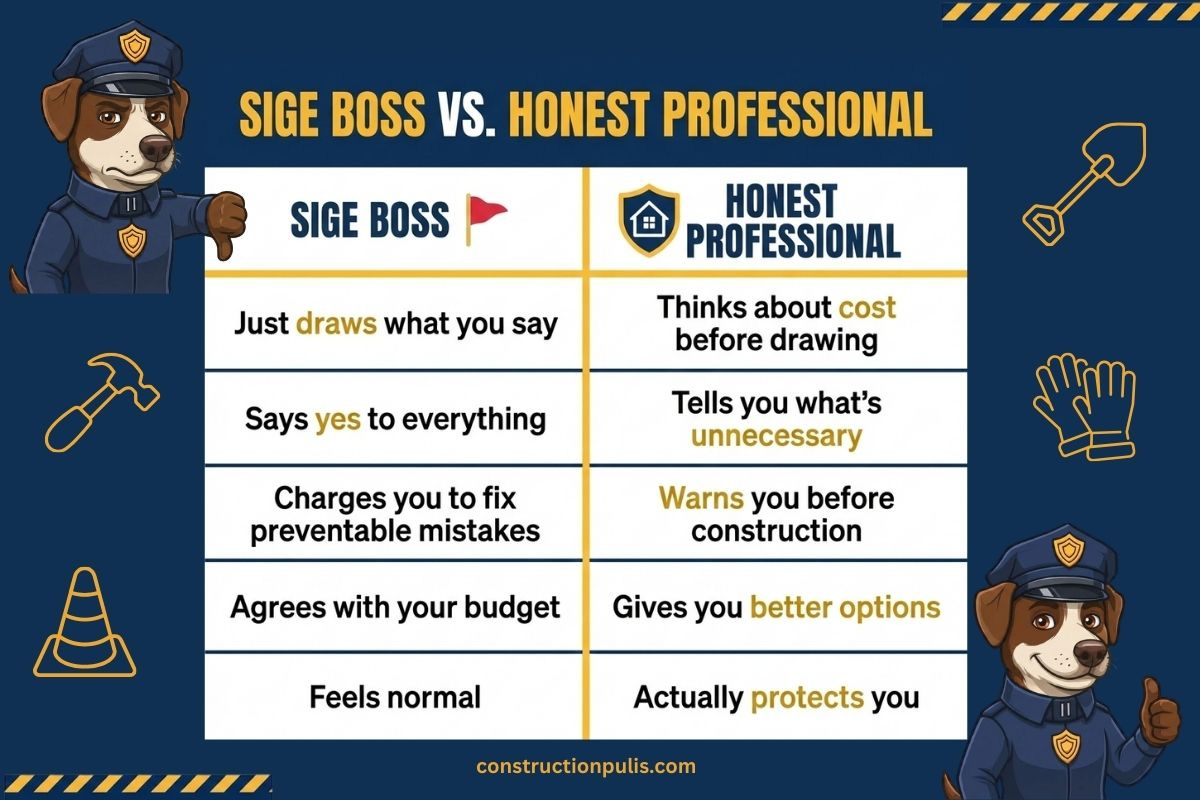 Infographic comparing Sige Boss and Honest Professional in five points: just draws what you say vs. thinks about cost before drawing, says yes to everything vs. tells you what's unnecessary, charges you to fix preventable mistakes vs. warns you before construction, agrees with your budget vs. gives you better options, and feels normal vs. actually protects you. Inspector Milo illustration on both sides. constructionpulis.com Infographic comparing Sige Boss and Honest Professional in five points: just draws what you say vs. thinks about cost before drawing, says yes to everything vs. tells you what's unnecessary, charges you to fix preventable mistakes vs. warns you before construction, agrees with your budget vs. gives you better options, and feels normal vs. actually protects you. Inspector Milo illustration on both sides. constructionpulis.com