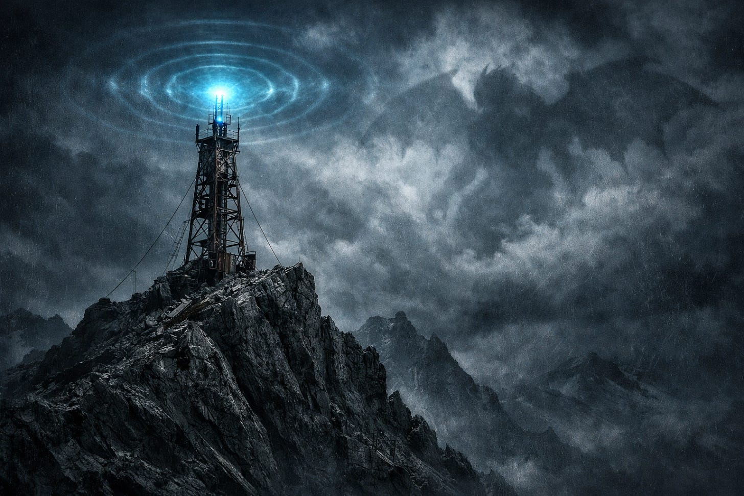 A glowing radio tower on a stormy mountain peak symbolizing the Broadcasting Seeds mission and spiritual vigilance.