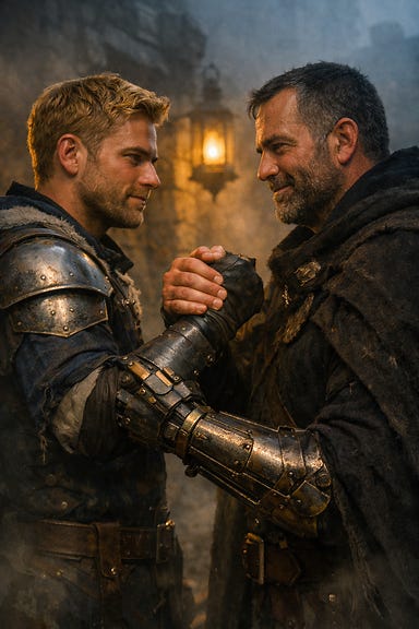 Ismark and Izek meeting for the first time in the ruined streets of Barovia. Mist curls around broken stone walls and a single lantern casts warm light between them. Ismark stands broad‑shouldered with blond hair, steel‑blue eyes, and worn navy‑and‑steel armor. Izek towers opposite him, weathered features, dark hair streaked with gray, heavy cloak, and a forged metal prosthetic arm of steel and brass. Their expressions shift from wary tension to mutual respect as they clasp forearms, becoming brothers. Ismark and Izek meeting for the first time in the ruined streets of Barovia. Mist curls around broken stone walls and a single lantern casts warm light between them. Ismark stands broad‑shouldered with blond hair, steel‑blue eyes, and worn navy‑and‑steel armor. Izek towers opposite him, weathered features, dark hair streaked with gray, heavy cloak, and a forged metal prosthetic arm of steel and brass. Their expressions shift from wary tension to mutual respect as they clasp forearms, becoming brothers.
