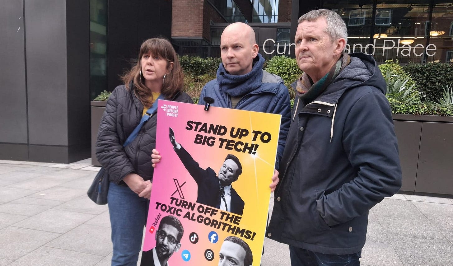 Niamh McDonald of the Hope & Courage Collective stands with PBP TDs Paul Murphy and Richard Boyd Barrett at X offices at Cumberland Place in Dublin 26 Feb 2026 Niamh McDonald of the Hope & Courage Collective stands with PBP TDs Paul Murphy and Richard Boyd Barrett at X offices at Cumberland Place in Dublin 26 Feb 2026