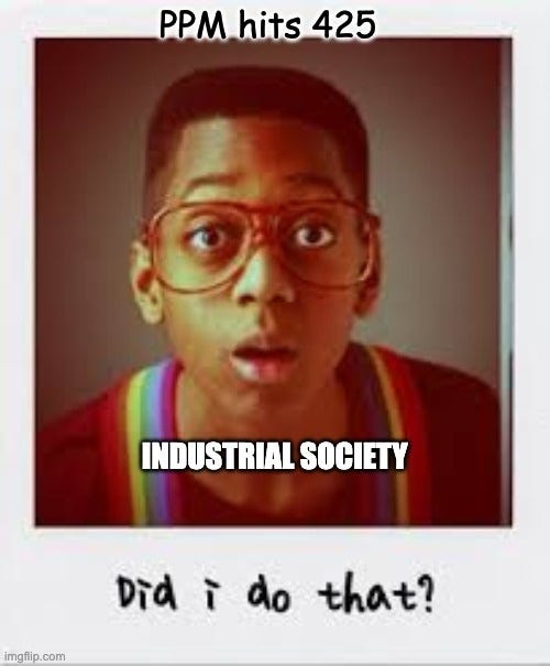 Steve Urkel in a Polaroid-style frame, labelled "Industrial society," under "PPM hits 425," with the caption "Did I do that?"