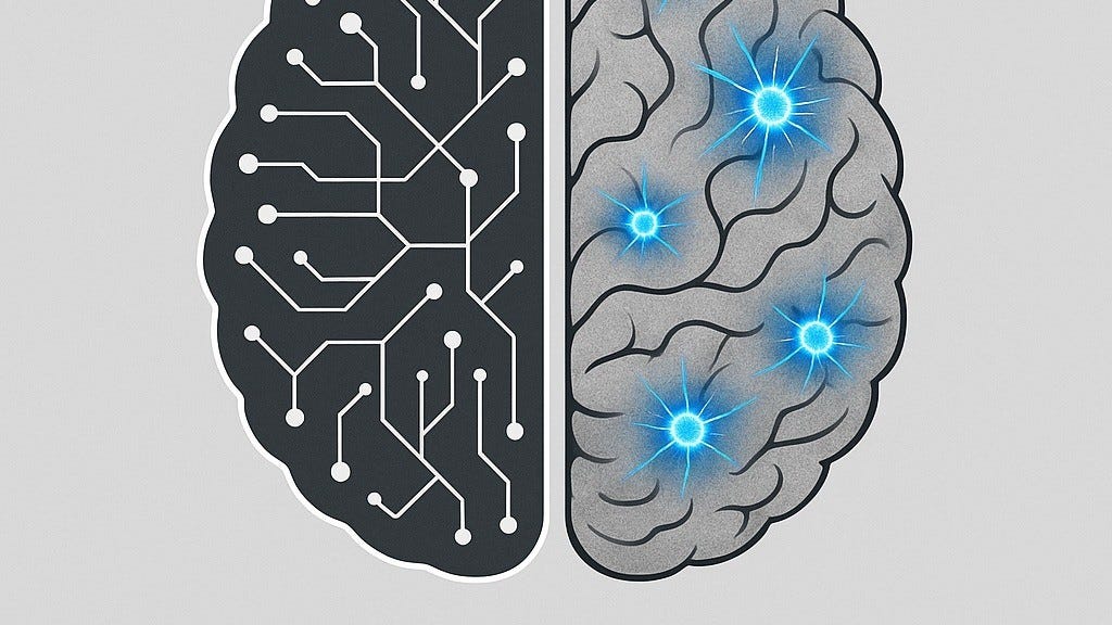 Ilustração de um cérebro dividido: lado esquerdo com circuitos representando inteligência artificial; lado direito com neurônios iluminados representando atividade cerebral humana. A imagem sugere a integração entre IA e cognição humana.