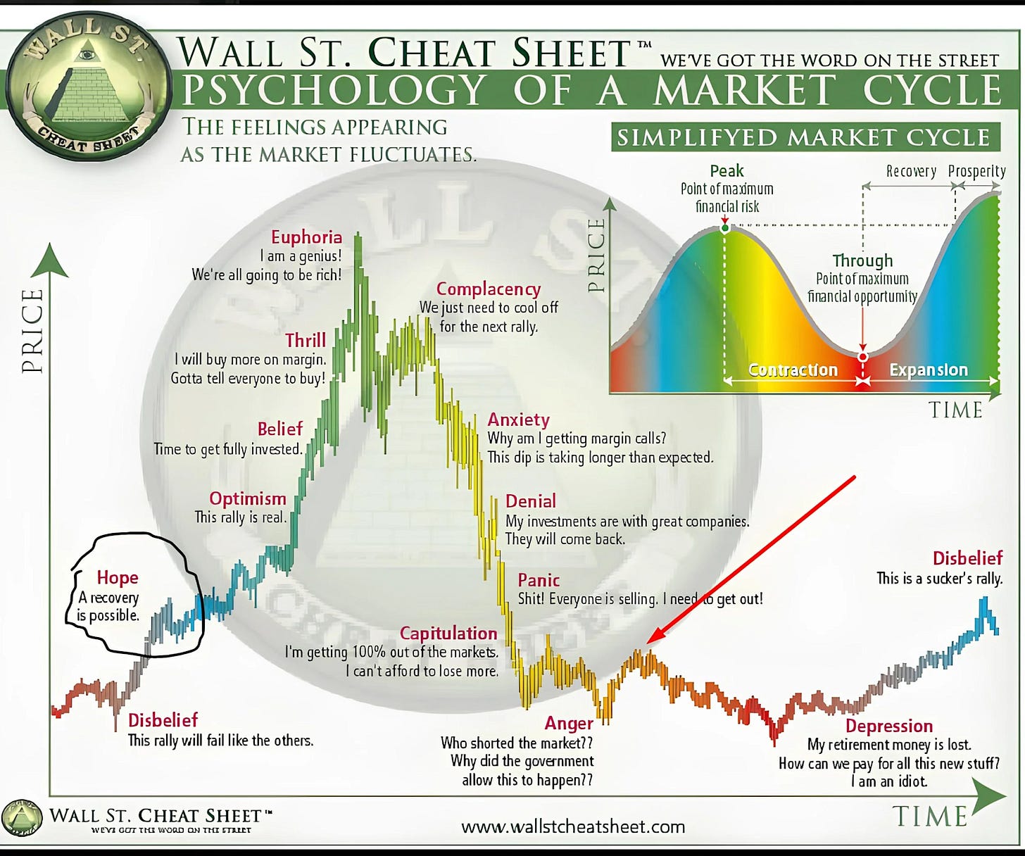 Investor emotions throughout the market cycle influence price changes from hope to panic and recovery phases