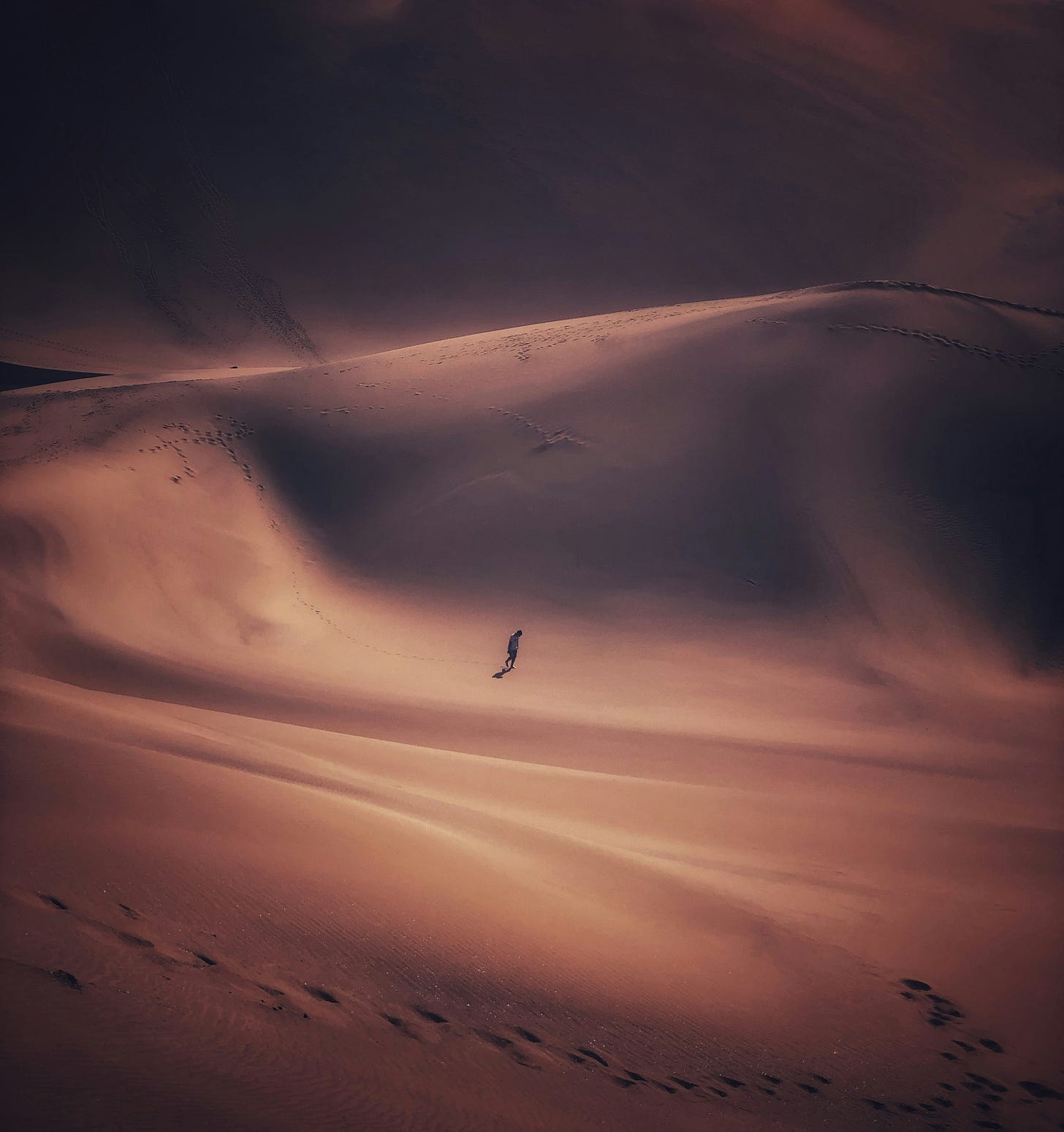 A lone person walks across a vast, shadowy desert landscape, leaving a trail of footprints in the sand. The sweeping dunes evoke a sense of isolation, desolation, and quiet struggle, capturing the feeling of being lost in a vast emotional wilderness. A lone person walks across a vast, shadowy desert landscape, leaving a trail of footprints in the sand. The sweeping dunes evoke a sense of isolation, desolation, and quiet struggle, capturing the feeling of being lost in a vast emotional wilderness.